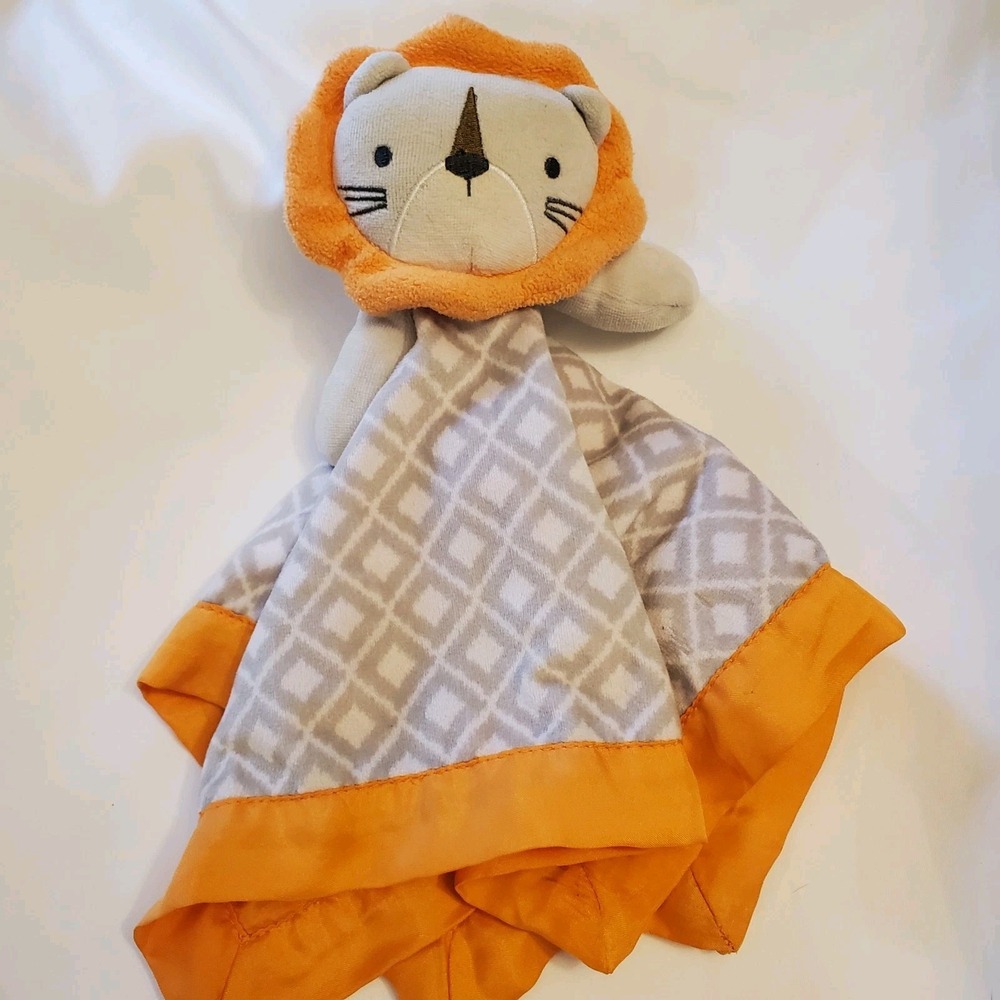 Circo Lion‎ Lovey Orange Satin Plush Security Blanket Baby Toy Gray Squares 14"